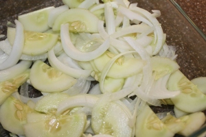 Slice cucumber and onions into bite size pieces. 